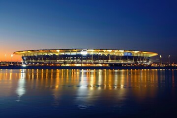 Fototapeta premium Energy Efficient Stadium at Night with LED Lights Showcasing Eco-Friendly Design
