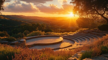 Fototapeta premium A tranquil sunset scene at an amphitheatre overlooking a valley, with the seating made of smooth stone and the stage set against a backdrop of rolling hills. The setting sun casts a golden light over