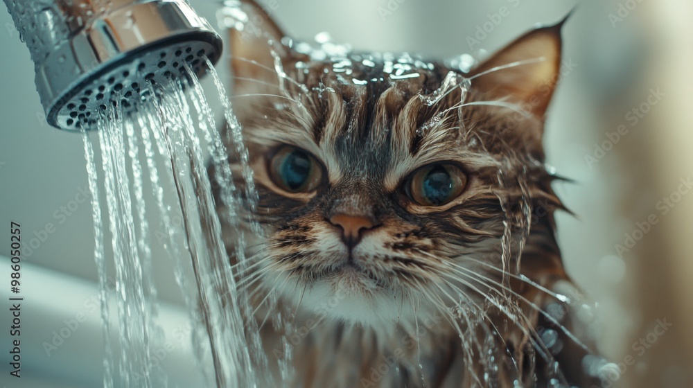 Poster a close-up of a cat with a wet coat, being pampered with a gentle wash under a handheld shower head,