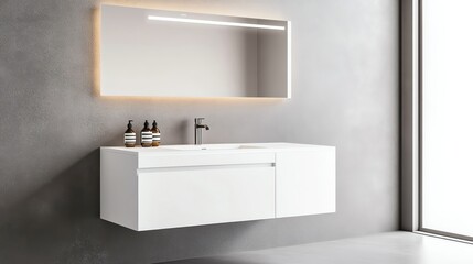 Floating vanity with integrated faucet and recessed lighting, minimalist bathroom aesthetic, sleek modern style