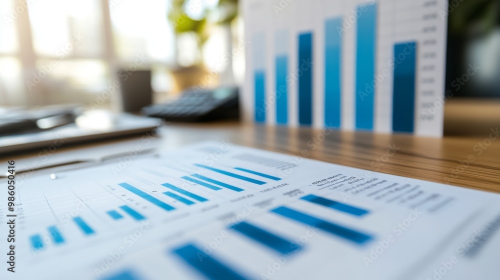 Poster a close-up of a financial bar chart with detailed labels and percentage growth indicators, set on a 