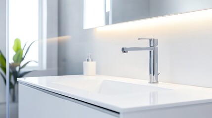Floating vanity with integrated faucet and recessed lighting, minimalist bathroom aesthetic, sleek modern style
