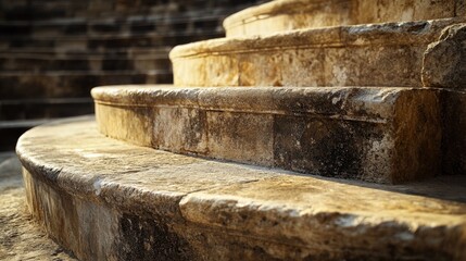 A close-up of the stone steps leading to the seating in an ancient amphitheatre, with the weathered surface and intricate carvings visible. The steps are worn smooth by centuries of use, adding a