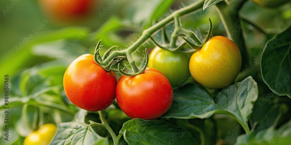 Poster A close-up of a tomato plant showcasing a vine with both ripe red and young green tomatoes amid lush green leaves.