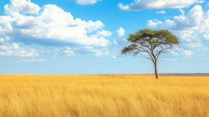 Fototapeta premium Endless golden grass of the savannah with a lone acacia tree standing tall under the midday sun, symbolizing solitude in the wild.