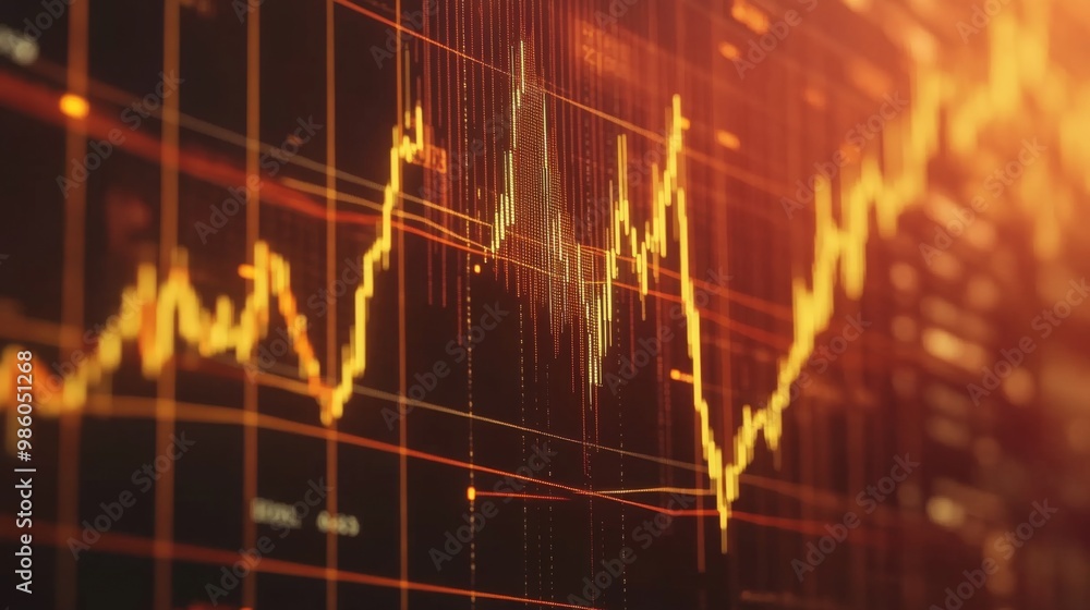 Poster a close-up of a gold price chart on a digital screen, with candlestick patterns and trend lines clea