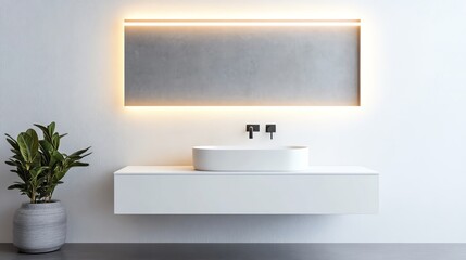 Floating vanity with integrated faucet and soft lighting, minimalist bathroom aesthetic, modern luxury