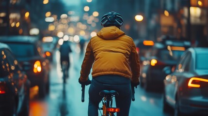 A cyclist in a yellow jacket rides through a rainy city street, surrounded by cars and illuminated by streetlights, capturing an urban evening atmosphere.