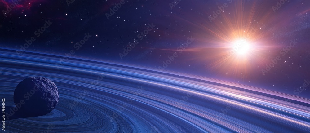 Poster a cosmic scene featuring a planet with rings and a distant star illuminating space.