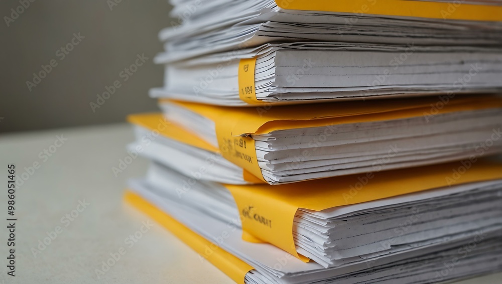 Poster stack of documents with a yellow checkmark for office organization.