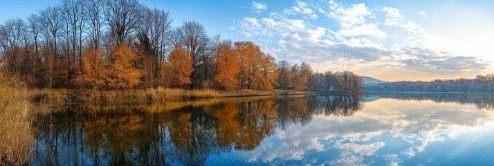 Obraz premium Beautiful autumn trees with leaves in vibrant hues reflect perfectly off the calm lake water under a bright blue sky.