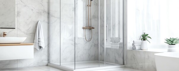 Frameless glass shower with marble tiles and brushed nickel fixtures, minimalist bathroom aesthetic, elegant simplicity