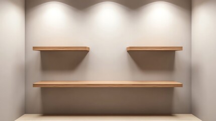 Floating wood shelves and beige walls in a minimalist bathroom with recessed lighting, minimalist bathroom aesthetic, modern cozy