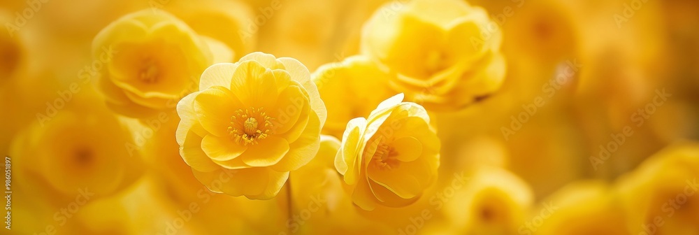 Wall mural close-up of vibrant yellow blossoms in full bloom with a blurred bokeh background, evoking a sense o