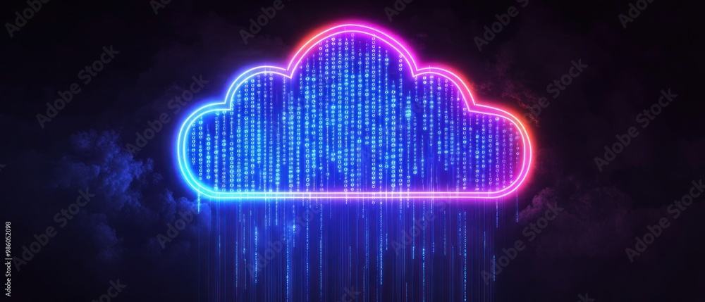 Poster a neon cloud graphic with binary code rain, symbolizing digital storage and technology.