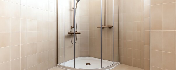 Frameless glass shower with brushed nickel fixtures and beige tiles, minimalist bathroom aesthetic, sleek modern luxury