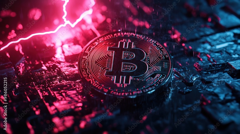 Poster a digital representation of a bitcoin coin with a dramatic lightning backdrop.