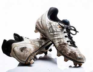 Dirty old shoes football, isolated on white background 