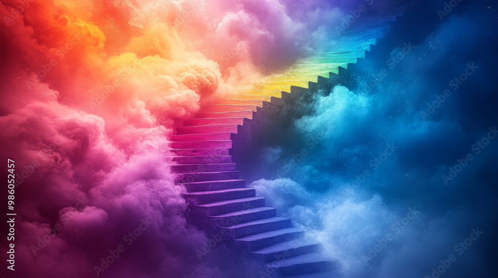 Canvas Prints vibrant rainbow spiral staircase ascends into colorful cloud of mist, creating surreal and dreamlike
