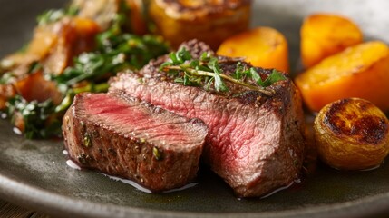 A close-up of a perfectly cooked beef steak on a plate, garnished with herbs and accompanied by side dishes, highlighting the texture and juiciness.