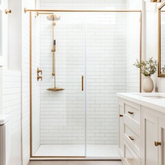 Frameless glass shower with brass fixtures and beige tiles, minimalist bathroom aesthetic, modern luxury