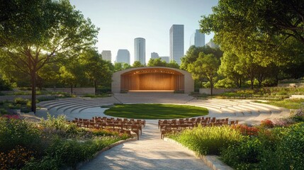 Obraz premium A wide-angle view of an amphitheatre set within a vibrant city park, with the seating arranged in a semicircle around a modern, open-air stage. The trees and greenery provide a natural backdrop,