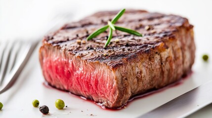 A close-up of a steak with a juicy, pink interior and grill marks, accompanied by a fork and knife, all set against a white background to highlight the dish gourmet appeal.