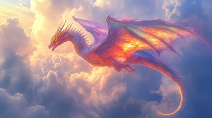 majestic rainbow colored dragon soars gracefully through clouds, its vibrant scales shimmering in sunlight. scene evokes sense of wonder and fantasy