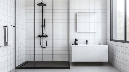 Frameless glass shower with matte black fixtures and seamless design, minimalist bathroom aesthetic, sleek modern style