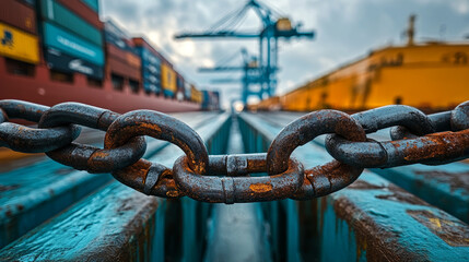 Naklejka premium heavy chain links shipping dock, symbolizing security and strength amidst bustling port environment. industrial scene captures essence of maritime logistics and trade