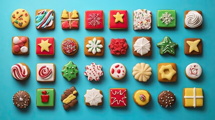 Colorful decorated cookies arranged on a blue background, perfect for festive occasions and holiday celebrations.