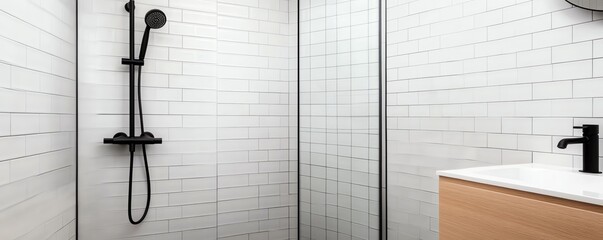 Frameless glass shower with matte black fixtures and seamless design, minimalist bathroom aesthetic, sleek modern style