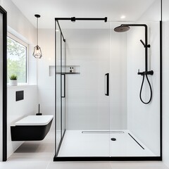 Frameless glass shower with matte black fixtures and seamless design, minimalist bathroom aesthetic, sleek modern style