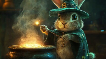 A rabbit in a wizard hat, holding a tiny wand while sitting in front of a bubbling cauldron.