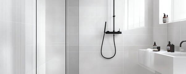 Frameless glass shower with matte black hardware and soft lighting, minimalist bathroom aesthetic, modern bold design