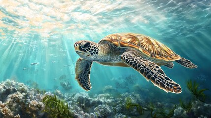 Fototapeta premium A sea turtle swims through clear turquoise water, with sunbeams shining through the surface and illuminating the coral reef below.