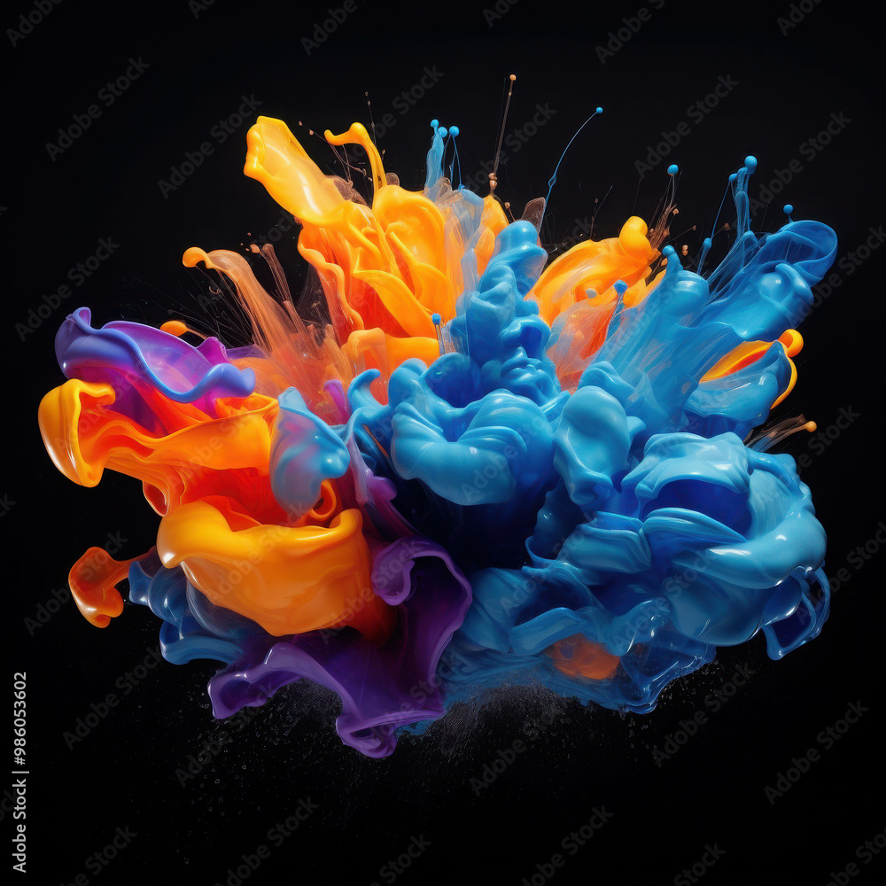 Poster abstract paint explosion: a vibrant explosion of color against a black background, capturing the dyn