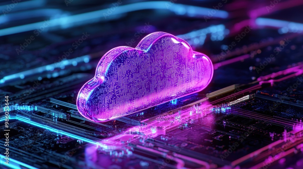 Aufkleber a vibrant cloud symbol representing cloud computing, illuminated in neon colors, set against a digit