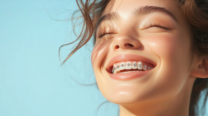 Young woman with braces smiling in the sunlight against a blue background