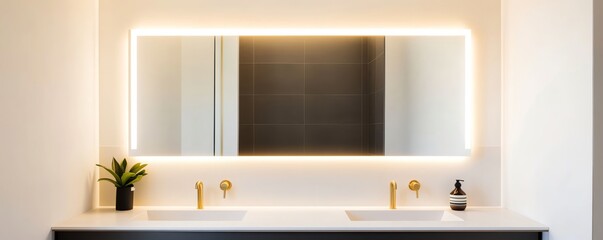 Frameless mirror with built-in lighting in a neutral-toned bathroom, minimalist bathroom aesthetic, modern sleek look