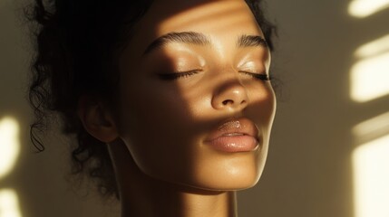 Close-up of a woman's face with sunlight streaming through a window.
