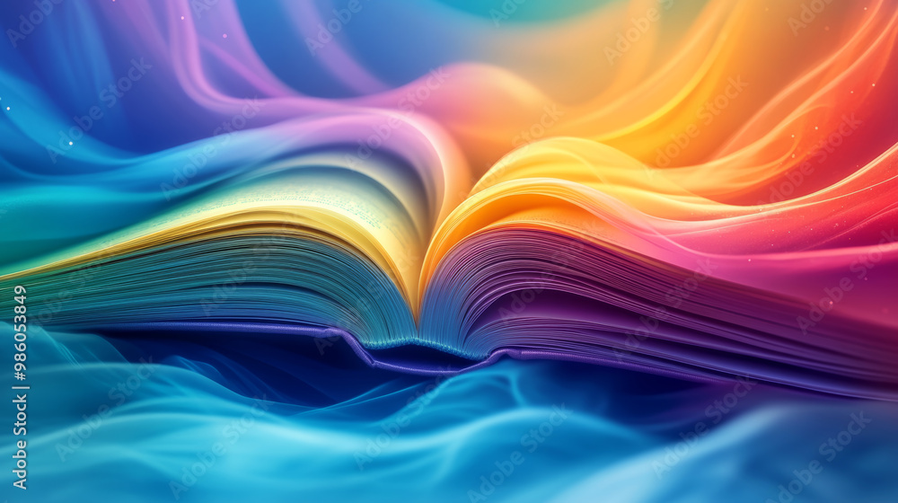 Poster swirling rainbow vortex emerges from open book, creating vibrant and magical atmosphere. colorful wa
