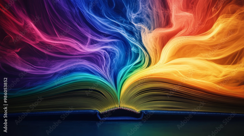 Sticker swirling rainbow vortex emerges from open book, creating vibrant display of colors that evoke sense 