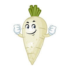A cheerful and strong cartoon daikon radish character flexing its muscles, promoting healthy eating.