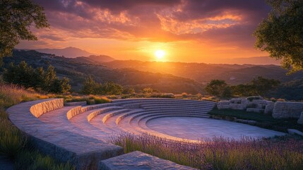Fototapeta premium A tranquil sunset scene at an amphitheatre overlooking a valley, with the seating made of smooth stone and the stage set against a backdrop of rolling hills. The setting sun casts a golden light over