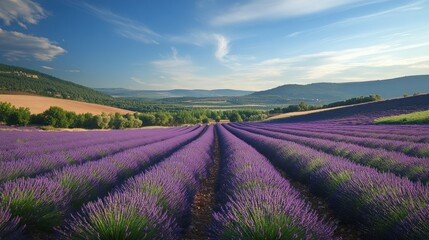 Obraz premium Purple lavender fields in the hills with a blue sky and clouds, a view of mountains in the distance.