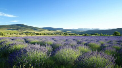 Obraz premium Lavender field in a mountainous landscape with a clear blue sky.