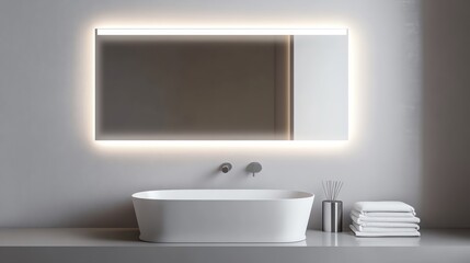Frameless mirror with integrated lighting in a minimalist white bathroom, minimalist bathroom aesthetic, sleek modern design