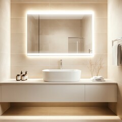 Fototapeta premium Frameless mirror with integrated lighting in a minimalist white bathroom, minimalist bathroom aesthetic, sleek modern design