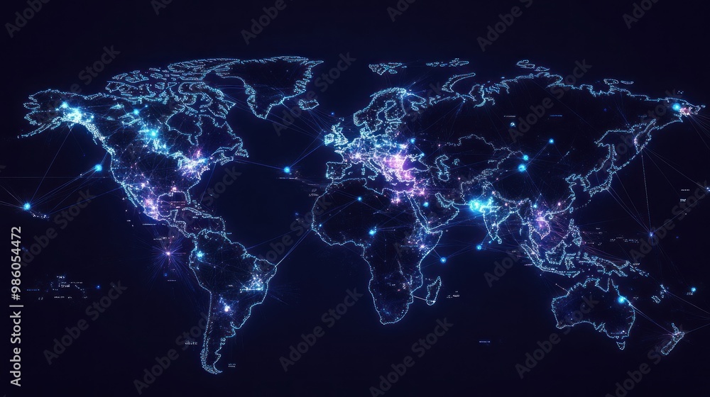 Poster a digital representation of a world map with glowing connections and data points.